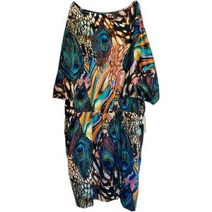 Cache Peacock Feather Pattern Dress Satin Beaded Size M - NWT